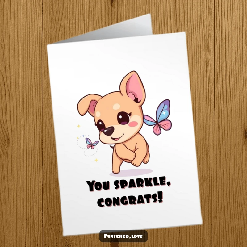 Funny Free Printable Congratulations Card: Pinscher dog with joyful eyes pursuing a glittering butterfly composed of light.
