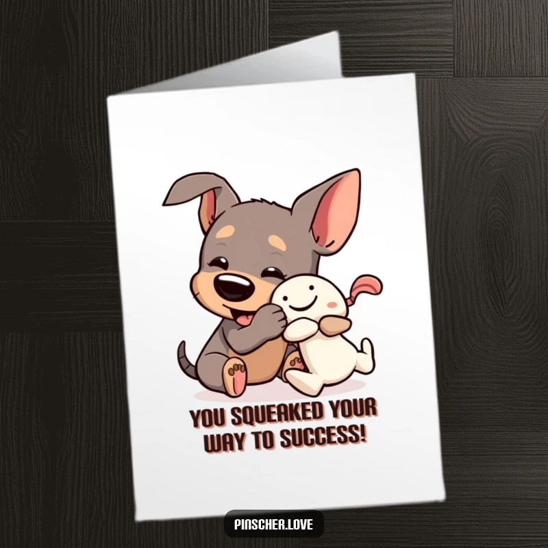 Funny Free Printable Congratulations Card: Pinscher dog playfully wrestling a squeaky toy, celebrating your win.