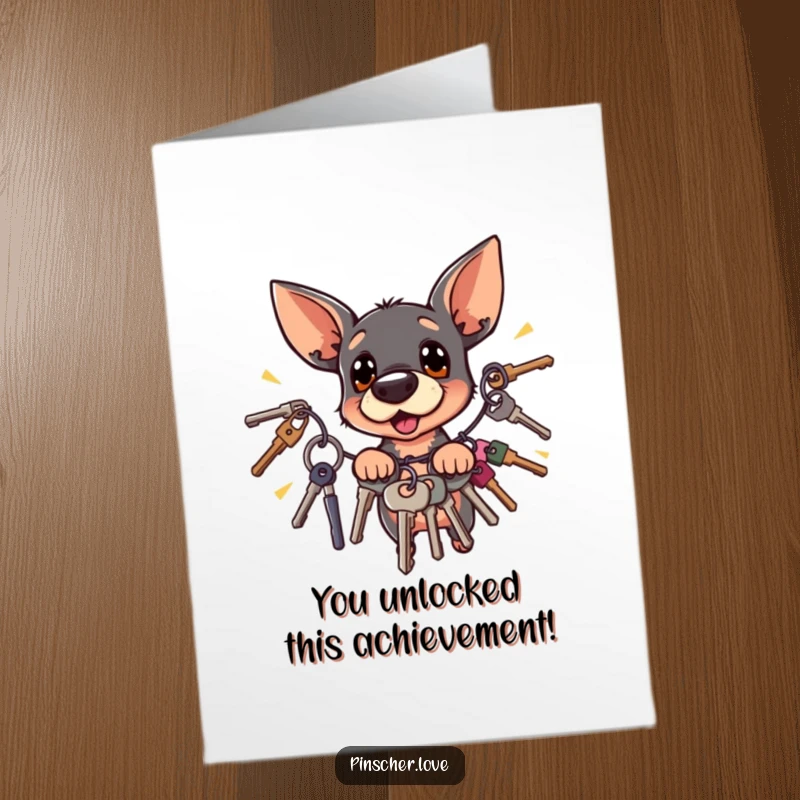 Funny Free Printable Congratulations Card: A startled pinscher leaps away from a noisy, jangly set of keys.