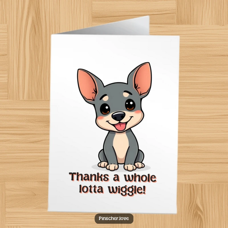 Funny Free Printable Thank You Card of a pinscher with a wagging stump doing a comical happy wiggle to express thanks.
