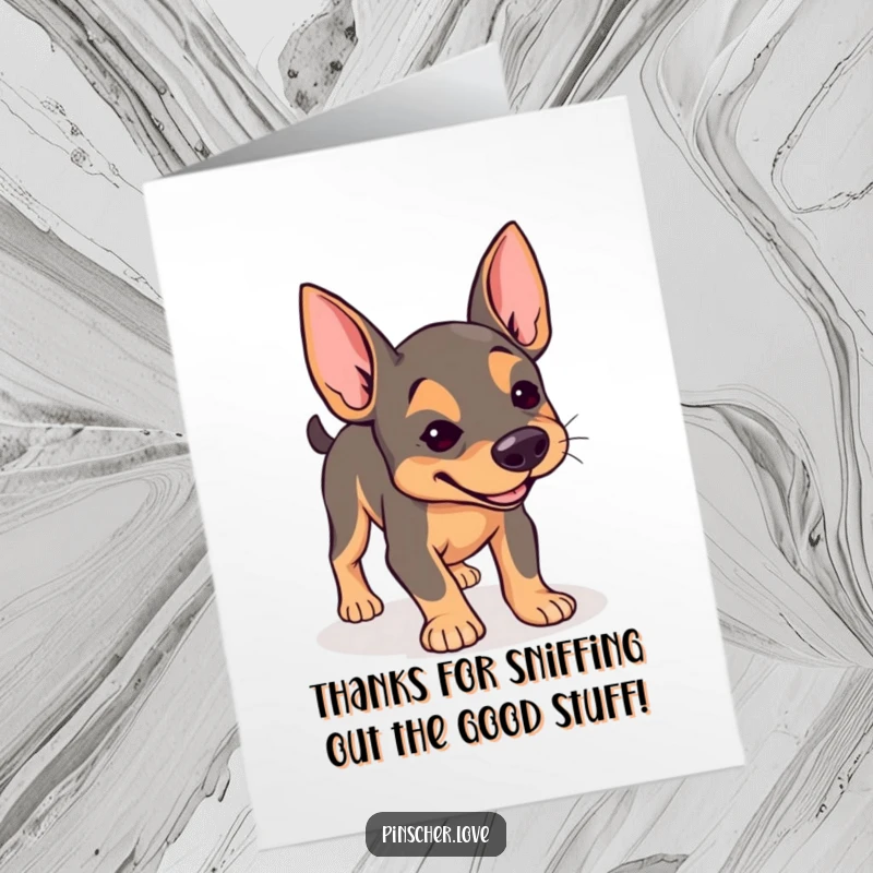 Funny Free Printable Thank You Card of a determined pinscher joyfully sniffing the ground with focus.