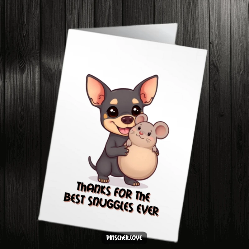 Free Printable Thank You Card, adorable Pinscher dog joyfully holding a huge squeaky toy mouse, thankful and amused.