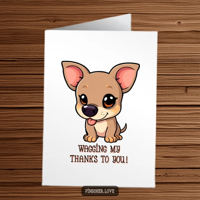 Funny free printable thank you card: A pinscher character with a mischievous glint wags vigorously to show thanks.