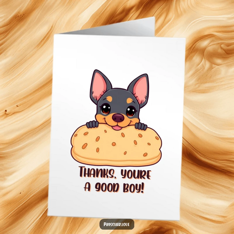 Funny free printable thank you card: Pinscher peeking coyly from behind a giant, smiling biscuit, showing thanks.