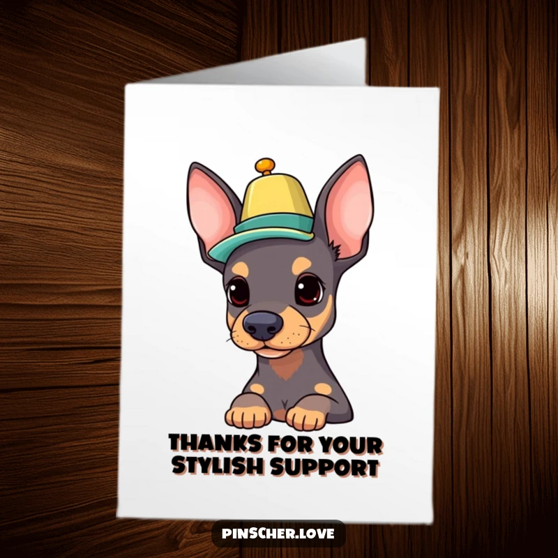Funny Free Printable Thank You Card: A pinscher dog balancing a colorful hat on its nose, showing proud thanks.