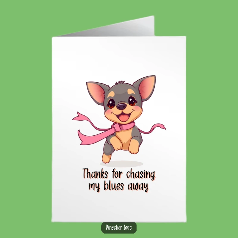 Free Printable Thank You Card: Pinscher Puppy Ribbon Chase - Funny Dog Gratitude Downloadable Gift