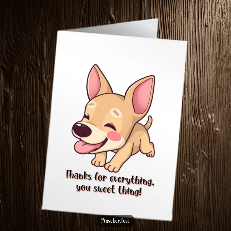 Funny Free Printable Thank You Card of a pinscher character tumbling forward with its tongue lolling out.