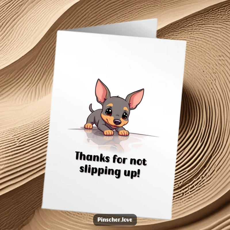 Funny Free Printable Thank You Card: Pinscher slides comically across a polished floor, a picture of surprised hilarity.
