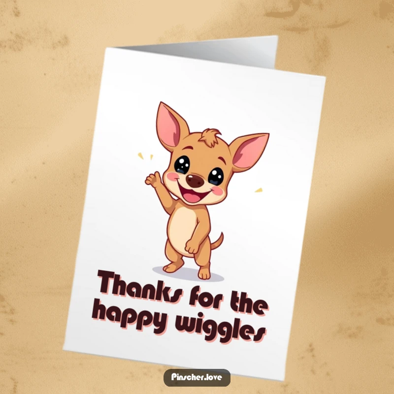 Funny Free Printable Thank You Card: Pinscher dog doing a happy wiggle dance, expressing heartfelt thanks.