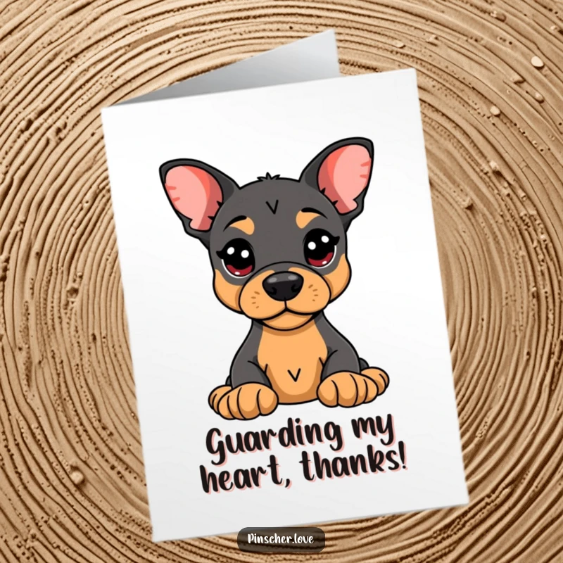Funny Free Printable Thank You Card: Alert Pinscher dog standing guard over a precious plush toy.
