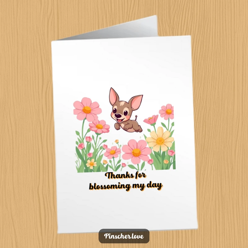 Funny Free Printable Thank You Card: A cheerful pinscher dog mid-leap through a garden of enormous flowers.