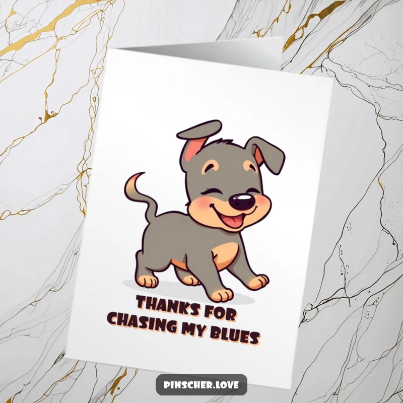 Funny Free Printable Thank You Card: A pinscher character comically giggling while desperately trying to catch its own wagging tail.