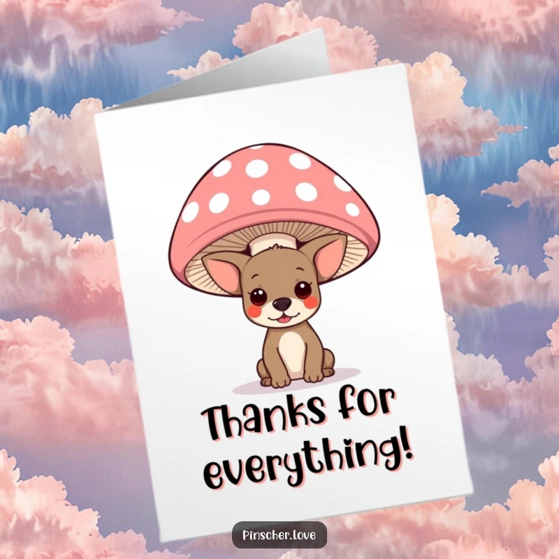 Funny Free Printable Thank You Card: A shy pinscher dog peeking out from under a giant, vibrant polka-dotted mushroom cap.