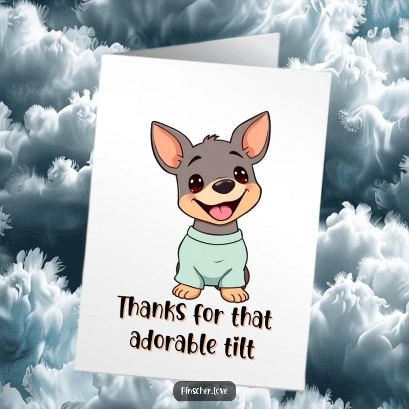 Funny Free Printable Thank You Card: Pinscher dog tilting head, expressing sincere thanks with a smile.