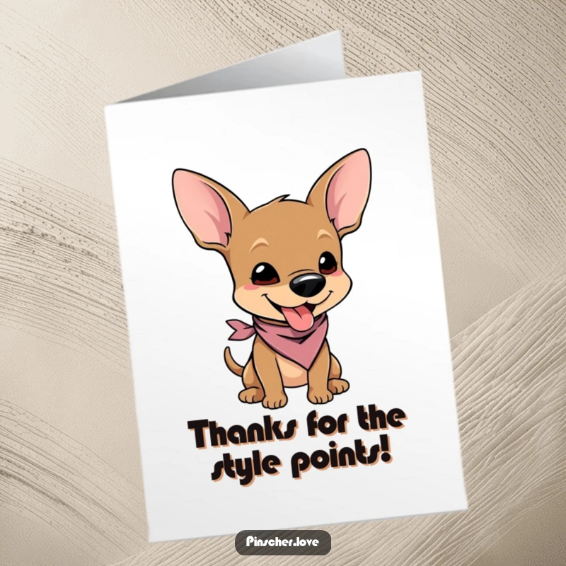 Funny Free Printable Thank You Card: A Pinscher in a bandana, wiggling with pure joy, offering heartfelt thanks.