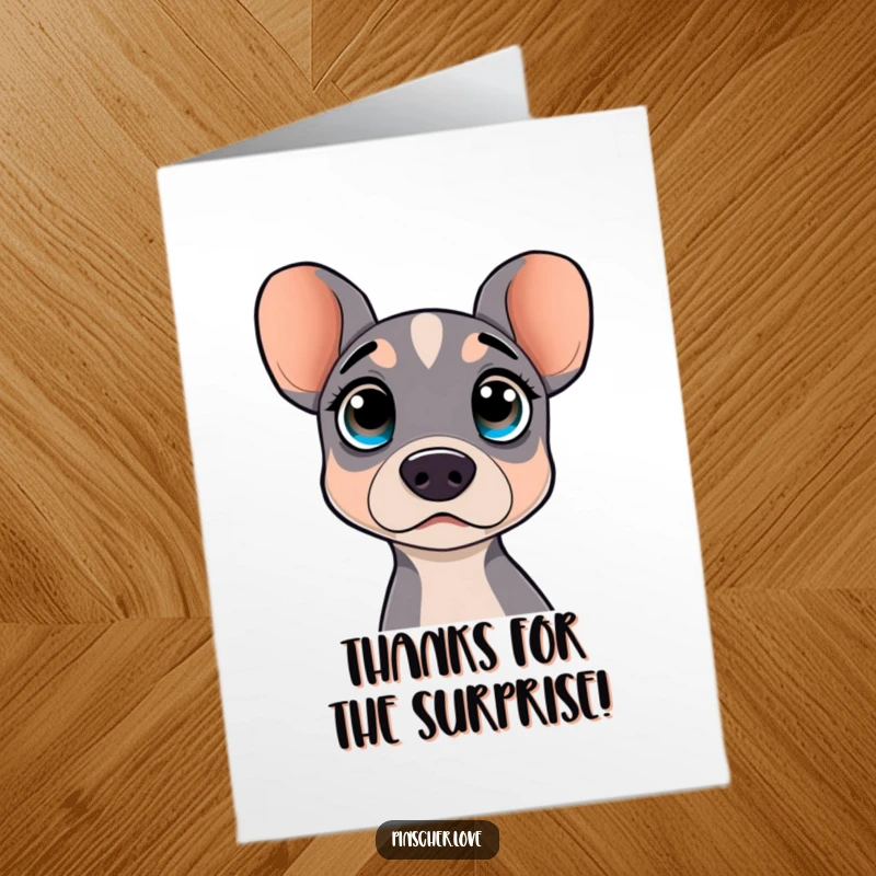 Funny Free Printable Thank You Card: A pinscher with wide, curious eyes shows a surprised expression of thanks.