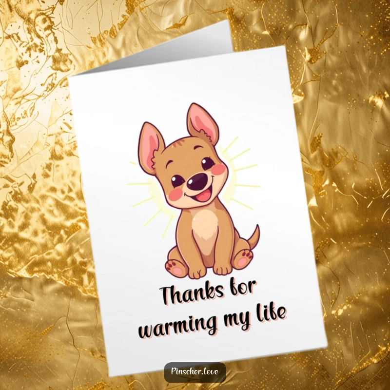 Funny Free Printable Thank You Card: A pinscher dog delightedly rolling in a warm, inviting sunbeam.
