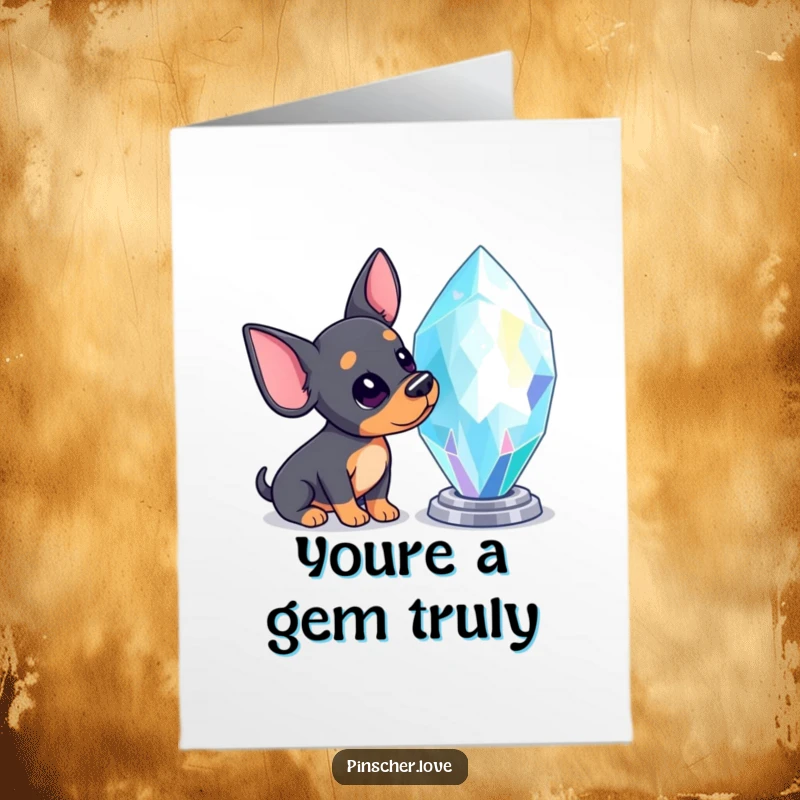 Funny free printable thank you card depicting a curious pinscher tilting its head while gazing at a large, radiant, sparkling gem.