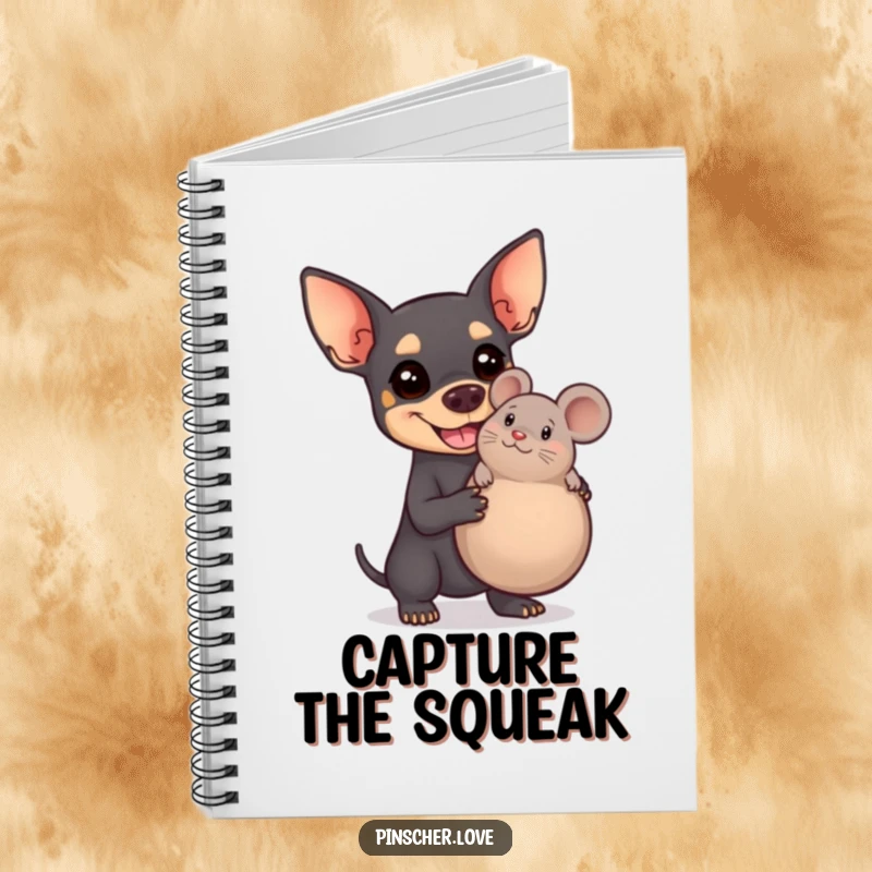 Funny Pinscher notebook cover showing a smiling dog enthusiastically holding a comically large squeaky toy mouse, perfect for note-taking.
