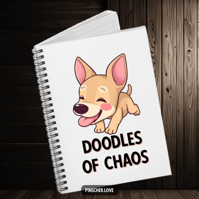 Funny Pinscher notebook, lined pages with dog character tumbling forward with its tongue hanging out, silly journal, gift.
