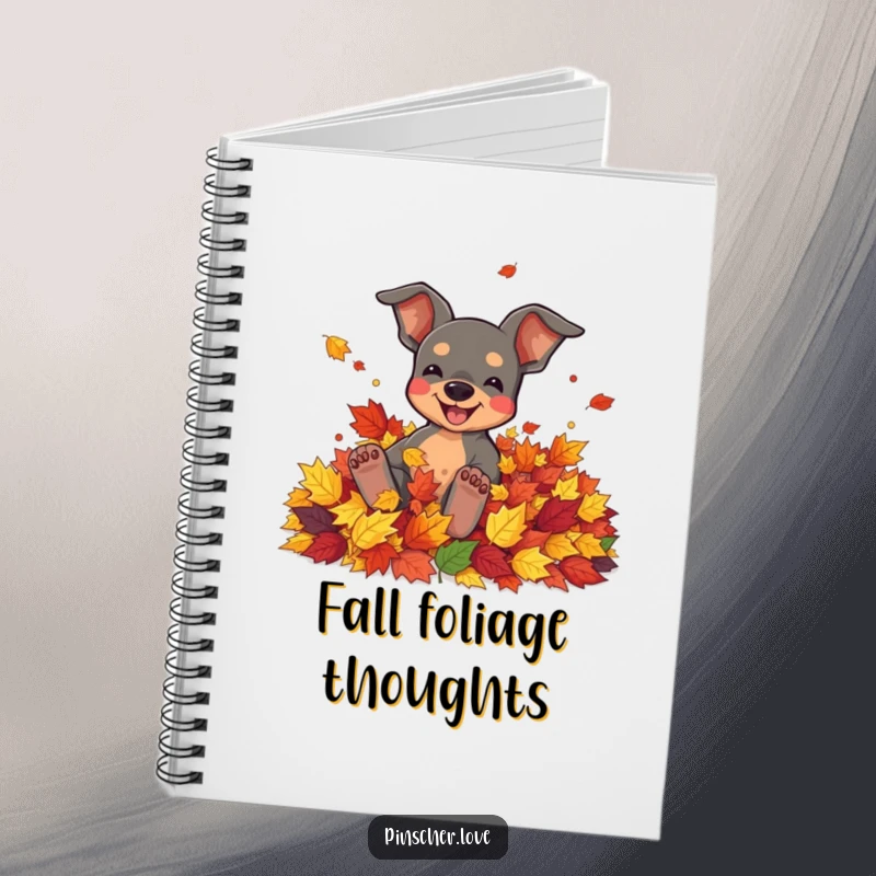 Funny notebook with a pinscher character joyfully rolling in a pile of colorful autumn leaves.