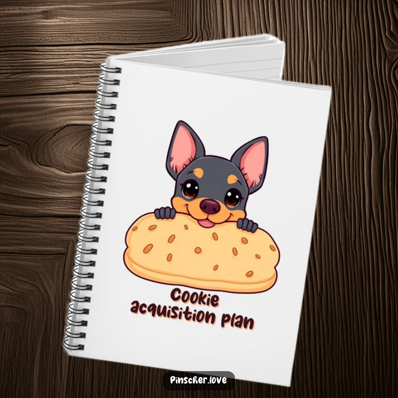 Funny notebook cover with a pinscher peeking coyly from behind a huge, smiling biscuit, perfect for journaling treat thoughts.