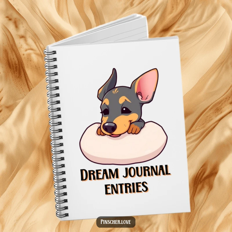 Funny spiral notebook with a Pinscher resting its chin on a soft cushion, sighing contently.