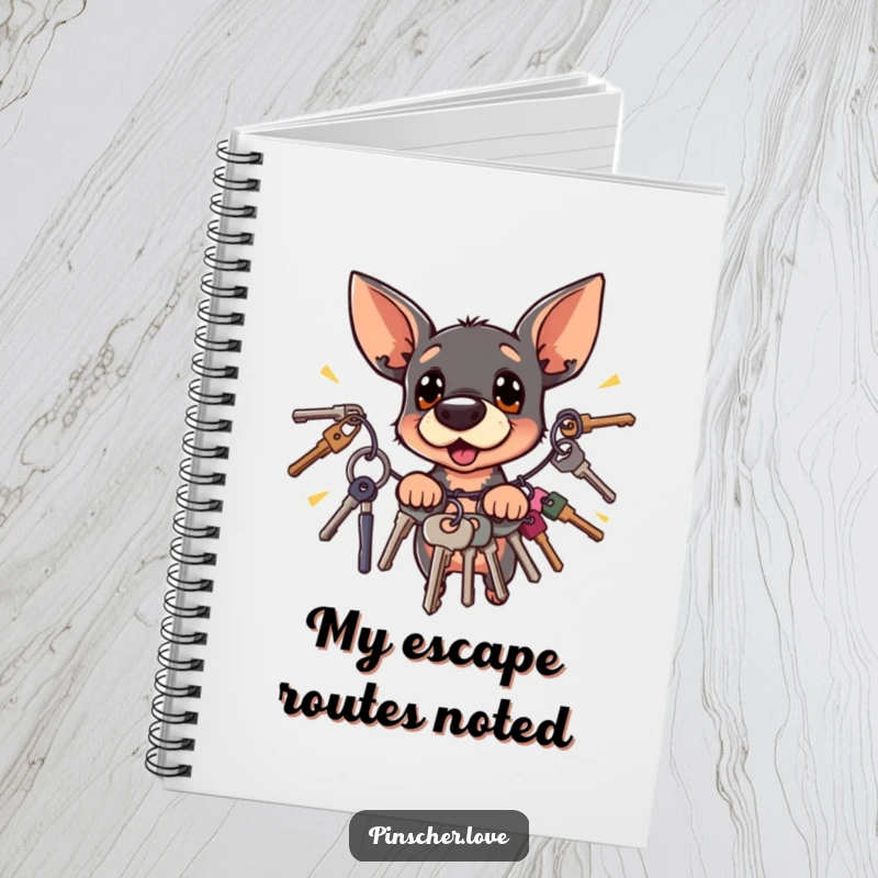 Funny surprised Pinscher dog recoiling from jingling keys, printed on the cover of a notebook.