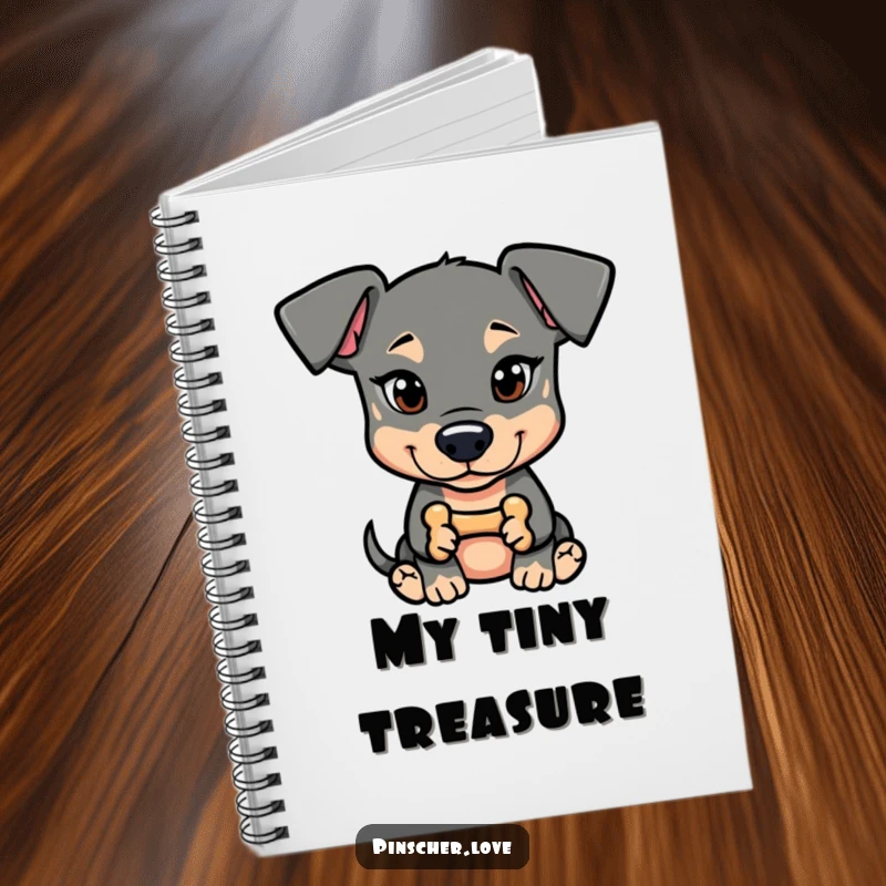Funny Pinscher Notebook: A dog with a mischievous glint holds a tiny bone, great for jotting down playful secrets.