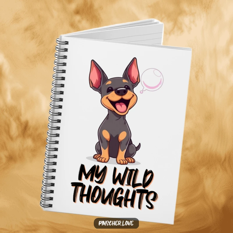Funny Pinscher notebook featuring an energetic dog barking at a bubble, perfect for notes, journaling, and creative ideas.