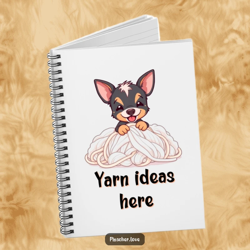 Funny Pinscher notebook designed with a Pinscher dog joyfully digging deep within a pile of soft, fluffy yarn.