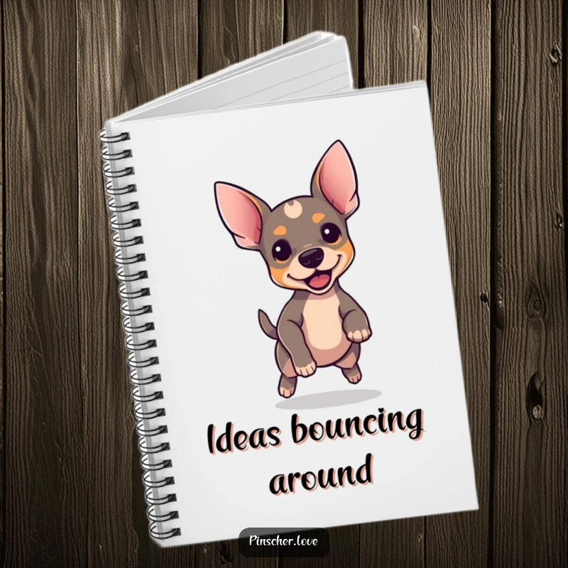 Funny Pinscher notebook, lined pages with a dog with perky ears bouncing excitedly, creative journal, perfect gift.