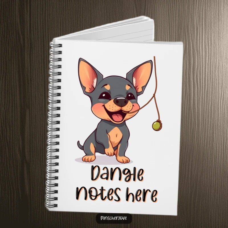 Funny Pinscher notebook featuring a Pinscher dog joyfully batting at a dangling, wobbly string.