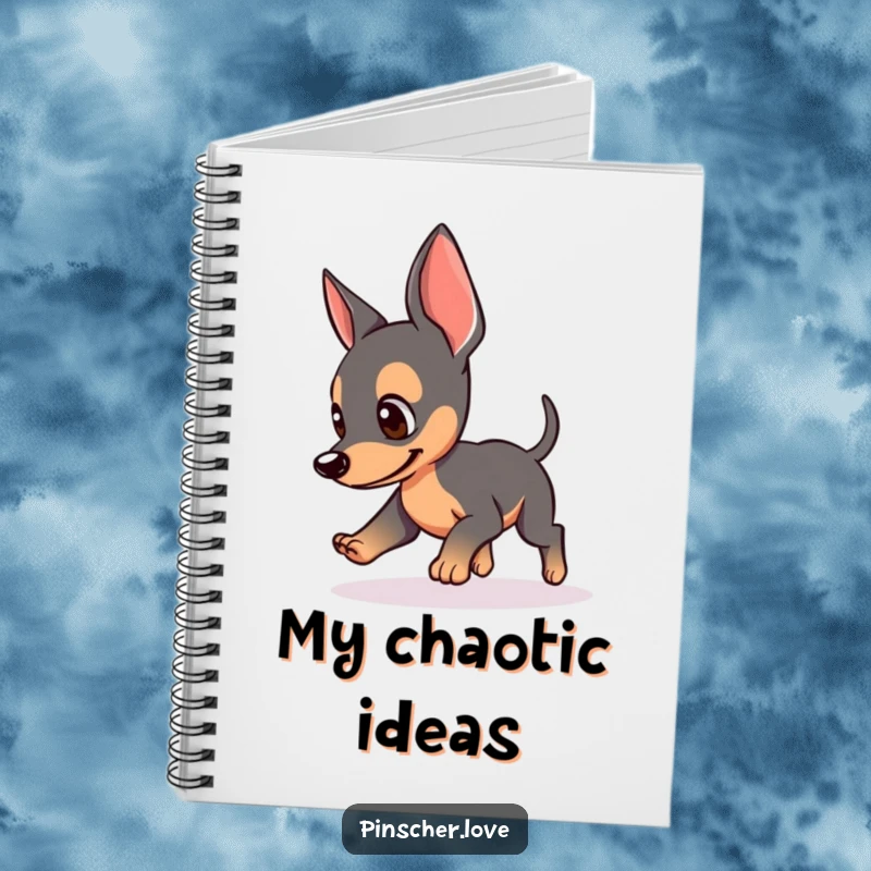 Funny notebook with a Pinscher dog chasing its tail, perked ears, ideal for notes and sketches, excellent funny gift for dog fans.