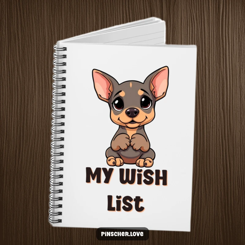 Funny spiral notebook with a Pinscher sitting upright, paws clasped, and a goofy, anticipating expression.