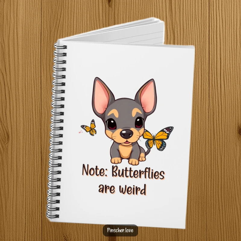 Funny Surprised Pinscher Notebook: Cover art features a pinscher with floppy ears and a surprised expression at a butterfly, ideal for journaling.