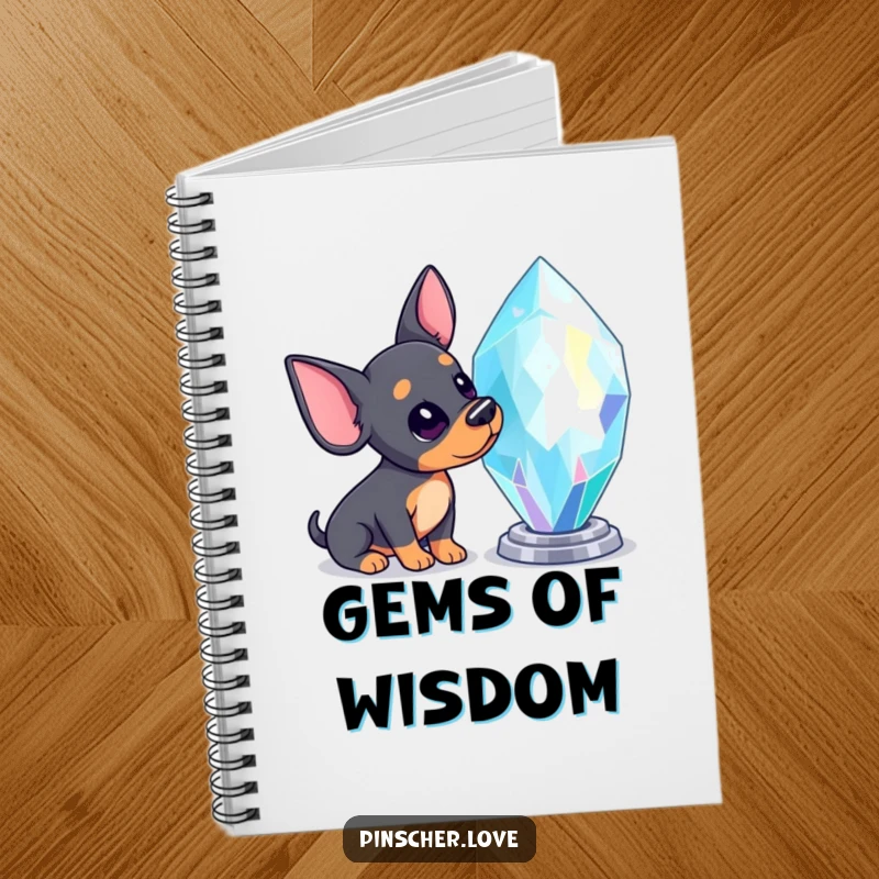 Funny Pinscher notebook cover with a Pinscher dog tilting its head, curiously staring at a large, radiant, sparkling gem.