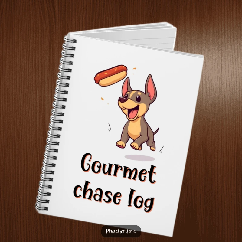 Funny Pinscher dog notebook cover, excitedly yipping while chasing a flying hotdog, ready to capture your brilliant ideas.