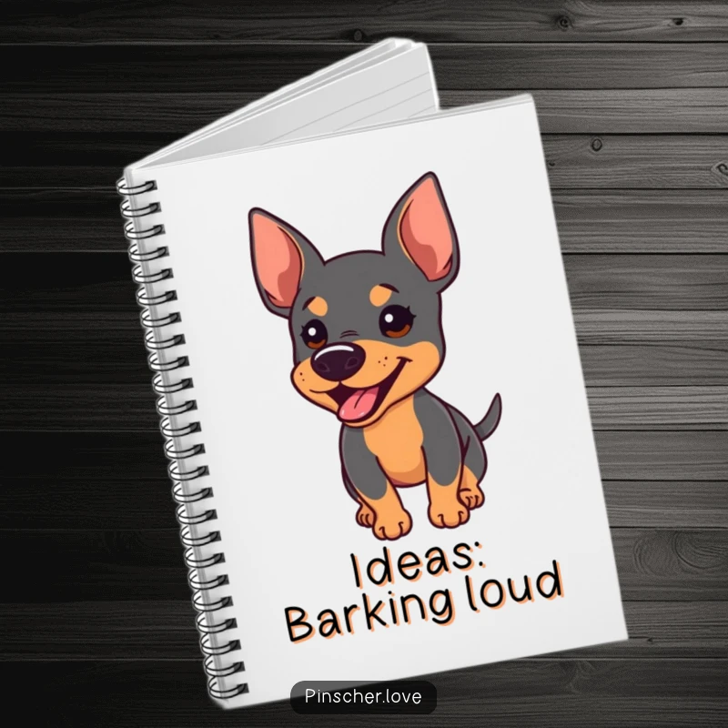 Funny notebook cover showing an energetic Pinscher barking with its tail wagging furiously, great for journaling.