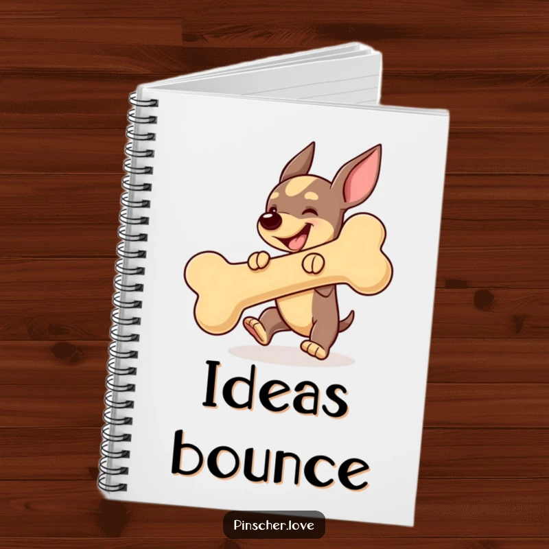 Funny Pinscher dog notebook cover, joyfully bouncing a giant squeaky bone, ideal for capturing playful thoughts.