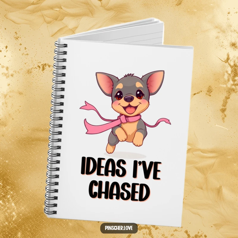 Funny pinscher puppy notebook, featuring a small dog chasing a ribbon, perfect for jotting down notes or creative ideas.