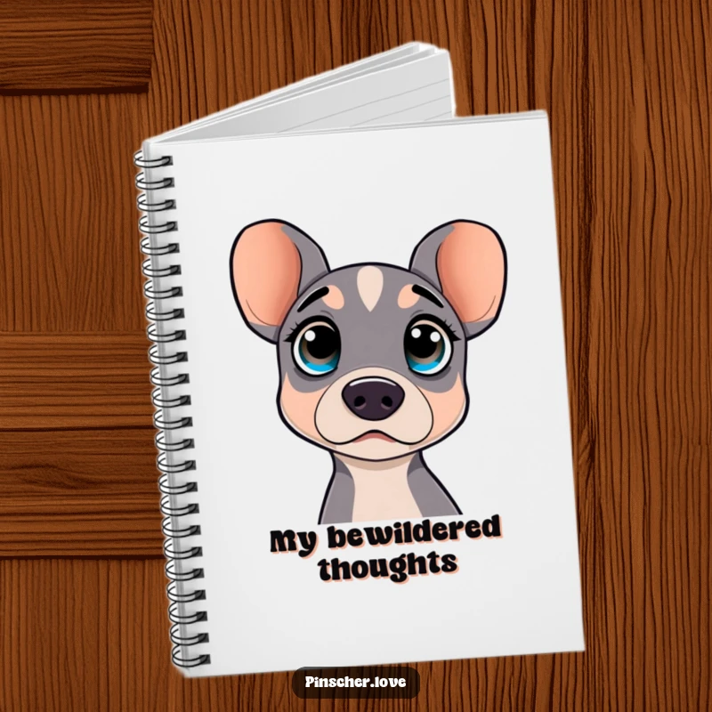 Funny notebook with a surprised pinscher dog showing wide, curious eyes. Perfect for jotting down ideas.