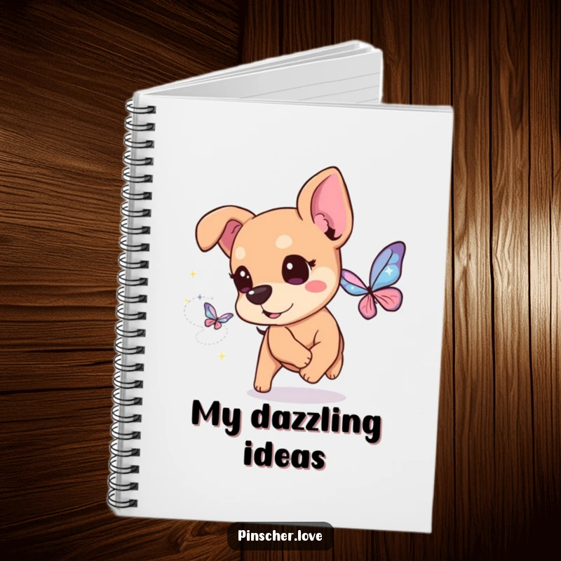 Funny Pinscher Notebook: A happy pinscher dog with twinkling eyes chases a butterfly made of pure, shimmering sparkles.