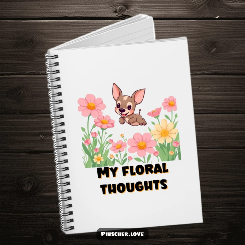 Funny Pinscher Notebook: A happy pinscher dog leaps joyfully through a field of oversized flowers, ready to capture your brilliant ideas.