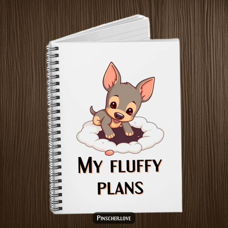 Funny pinscher dog digging a hole in a soft, cloud-like surface on a notebook cover, for humorous note-taking