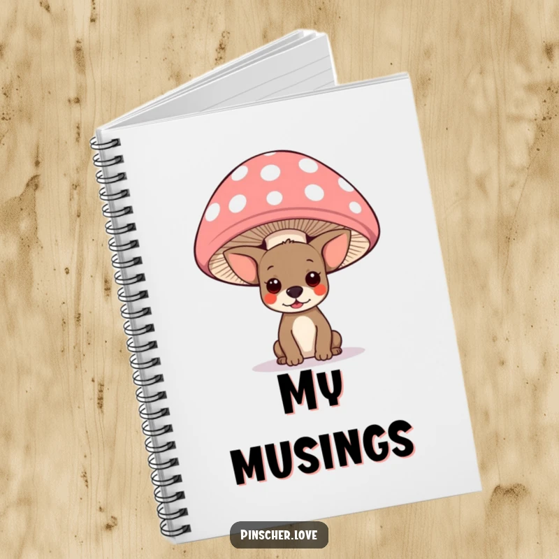 Funny pinscher dog peeking from under a giant polka-dotted mushroom on a notebook cover, ideal for whimsical note-taking