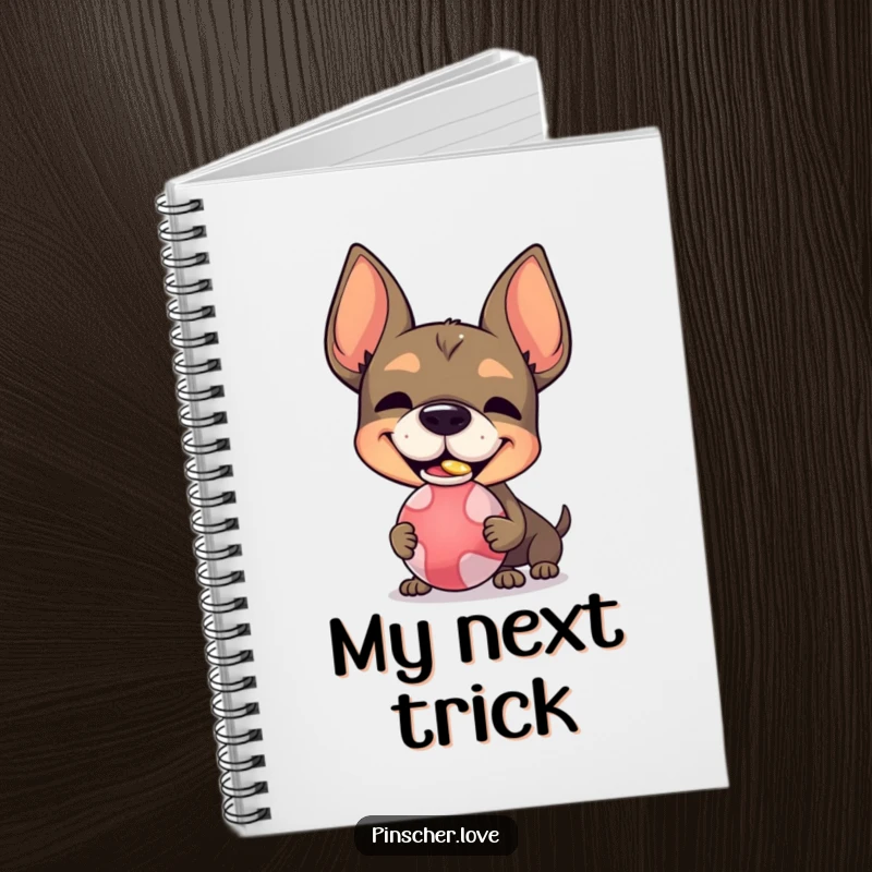 Funny Pinscher character notebook cover, with a silly grin, balancing a ball on its nose, encouraging playful note-taking.