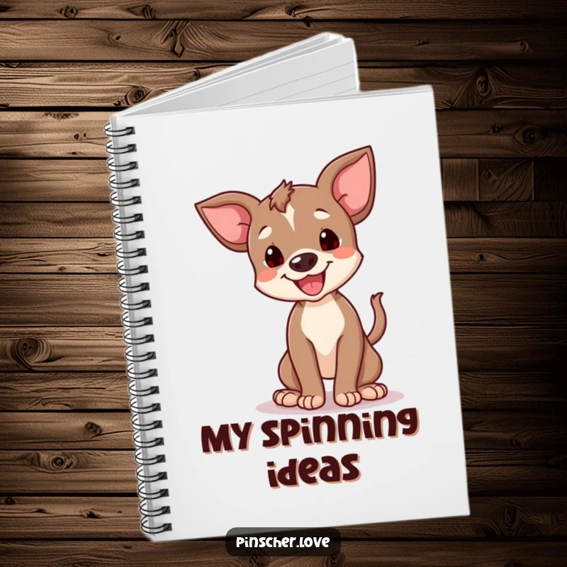 Funny happy pinscher cub notebook, featuring a small dog doing a funny spin, perfect for notes and creative ideas.