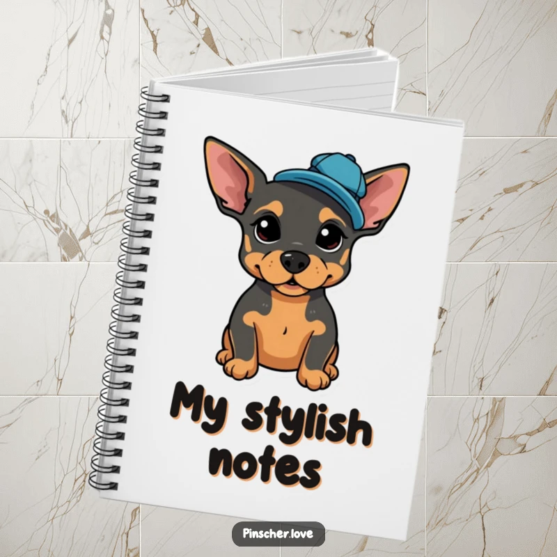 Funny spiral notebook with a proud Pinscher posing, wearing a tiny, jaunty cap tilted jauntily.