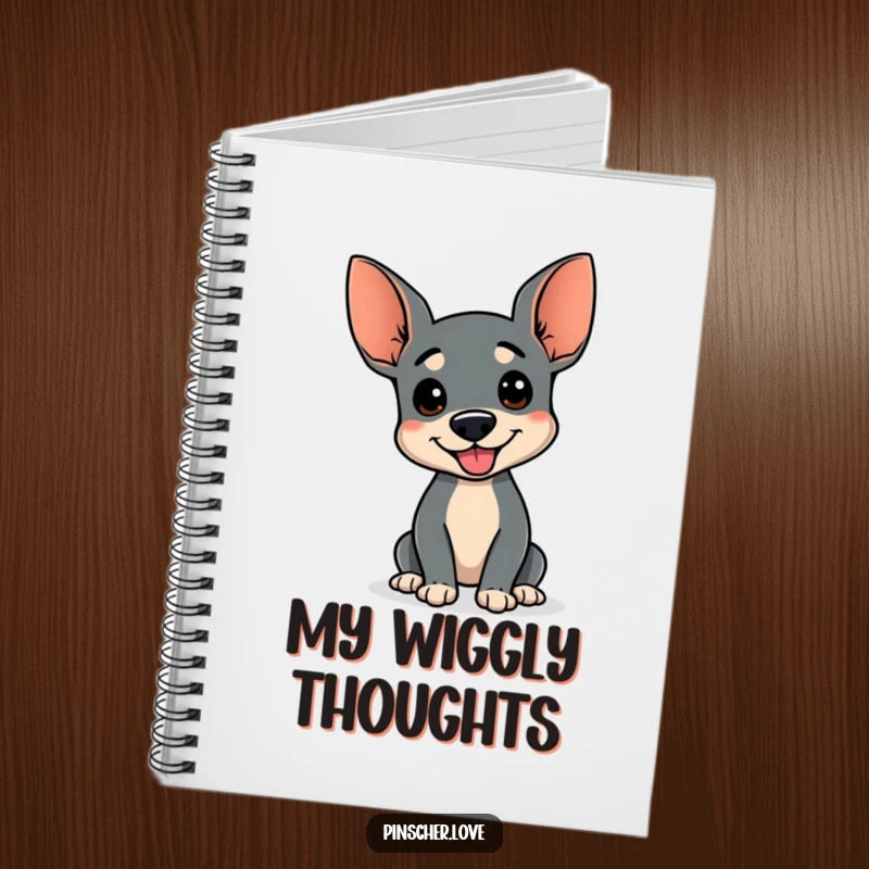 Funny notebook with a happy Pinscher dog doing a wiggle, wagging stump, ideal for notes and sketches, excellent funny gift for dog fans.